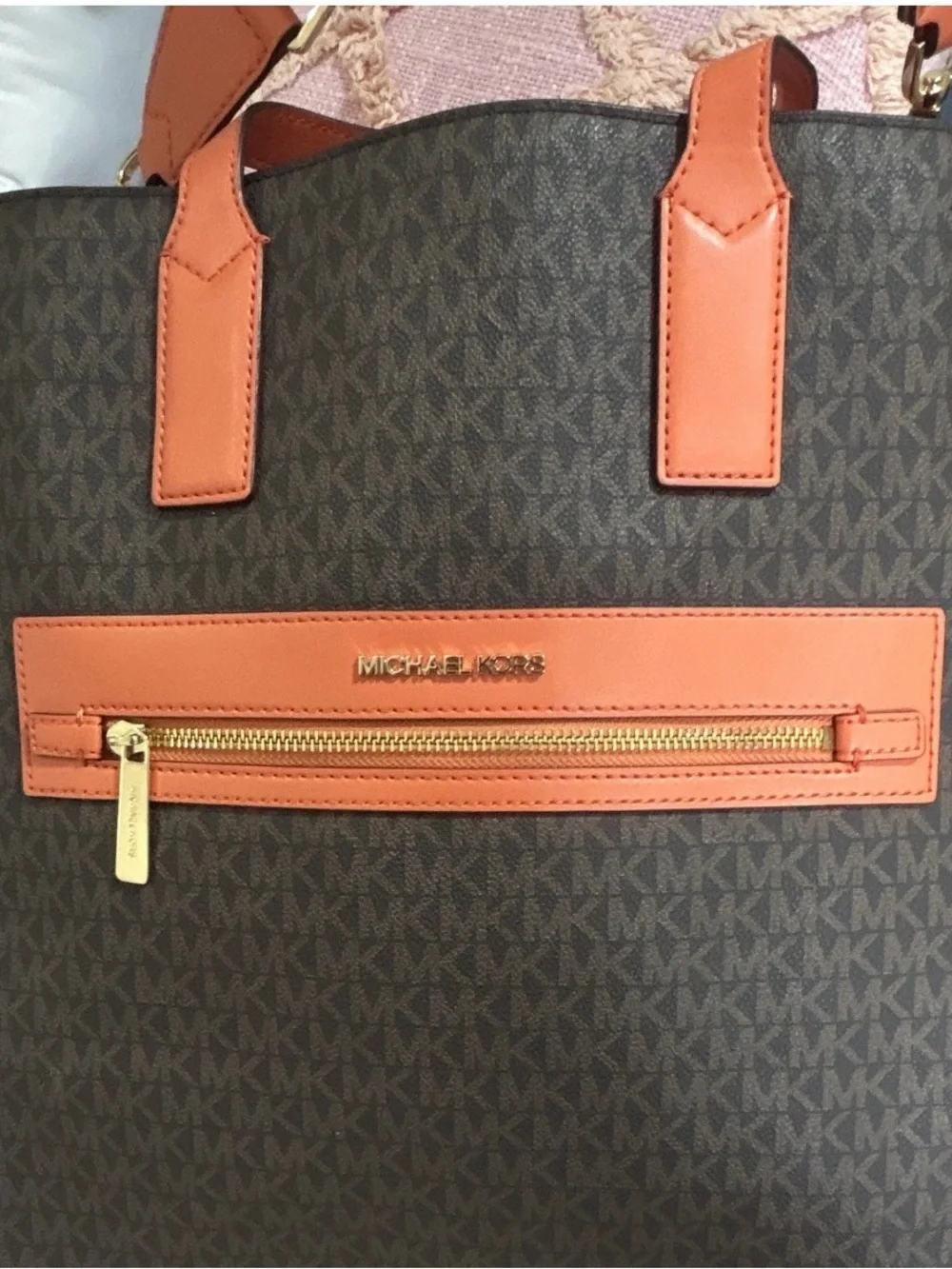 Michael Kors Brown MK Monogram Tote with Orange Trim